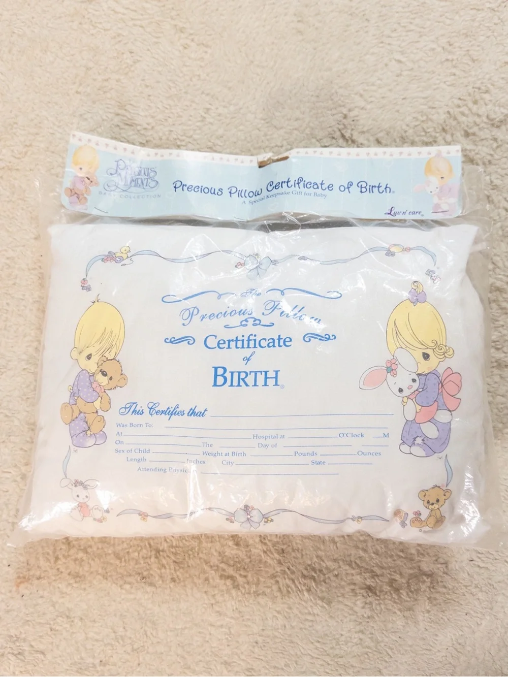 Vintage 90s Precious Moments Certificate of Birth Baby Pillow NWT